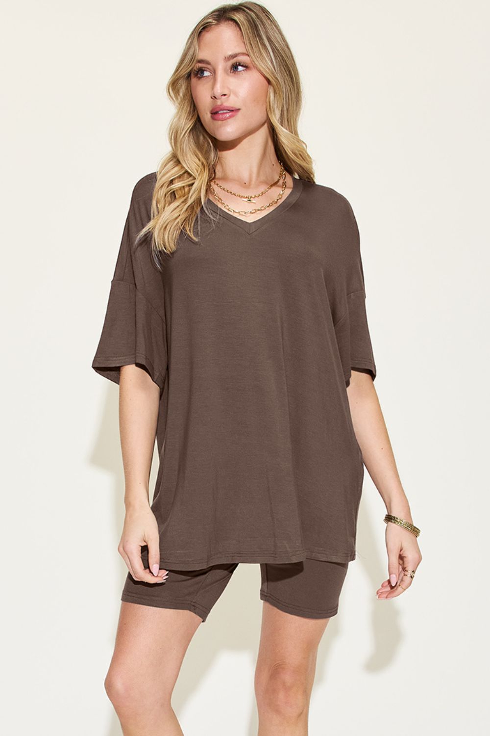 Basic Bae Full Size V-Neck Drop Shoulder T-Shirt and Shorts Set Trandify Deal