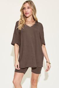 Basic Bae Full Size V-Neck Drop Shoulder T-Shirt and Shorts Set Trandify Deal