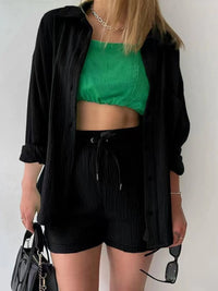 Trendy linen-blend two-piece set for women, stylish matching shirt and shorts