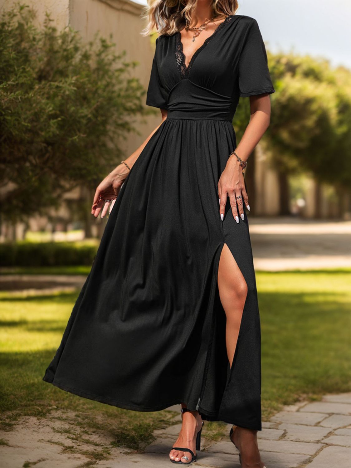 Perfee Lace Detail Slit V-Neck Short Sleeve Dress Trandify deal