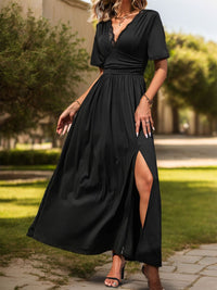 Perfee Lace Detail Slit V-Neck Short Sleeve Dress Trandify deal