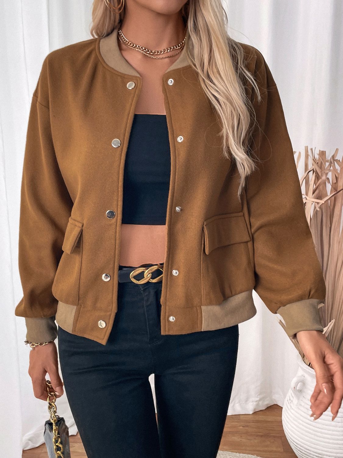 Perfee Baseball Collar Snap Down Long Sleeve Jacket Trandify Deal