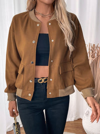 Perfee Baseball Collar Snap Down Long Sleeve Jacket Trandify Deal