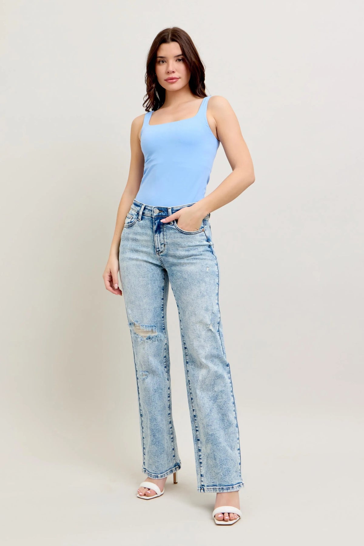 Judy Blue Plus Size 90's Straight Jeans - High Waist Distressed Denim for Women | TrandifyDeal USA