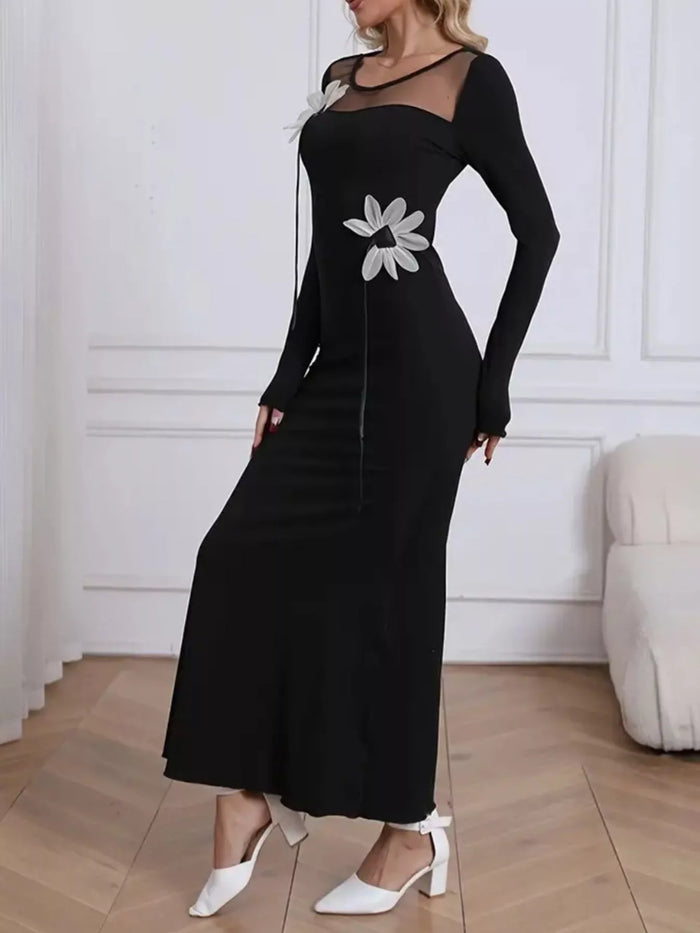Elegant black mesh panel maxi long sleeve dress for women, bodycon style