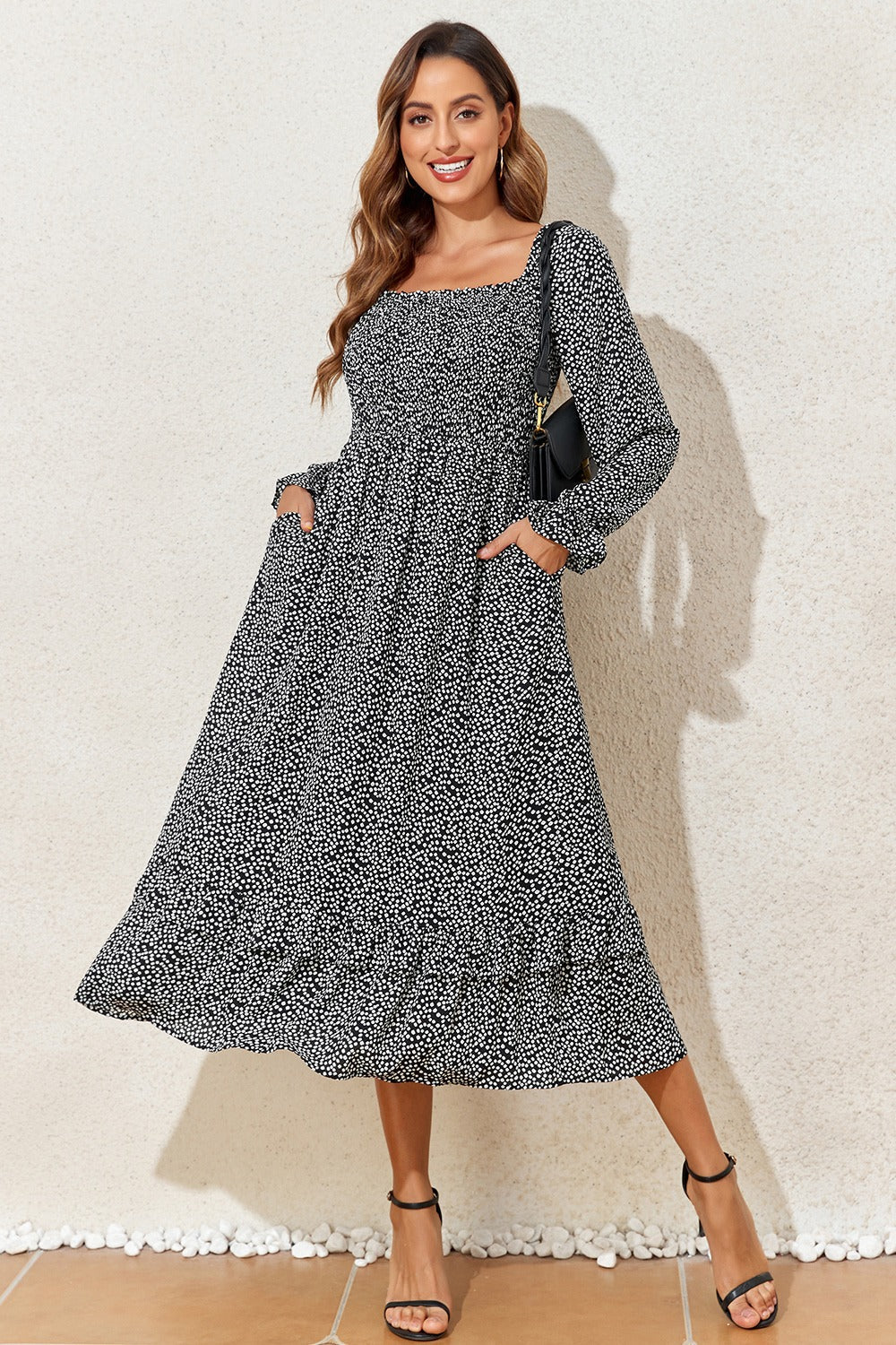 Printed Square Neck Long Sleeve Midi Dress Trandify Deal