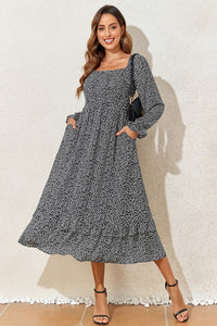 Printed Square Neck Long Sleeve Midi Dress Trandify Deal