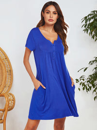 Notched Short Sleeve Mini Lounge Dress Trandify Deal