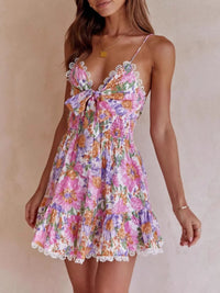 Floral Print Tie-Front Cami Dress with Lace Trim – Women’s Boho Summer Mini Dress