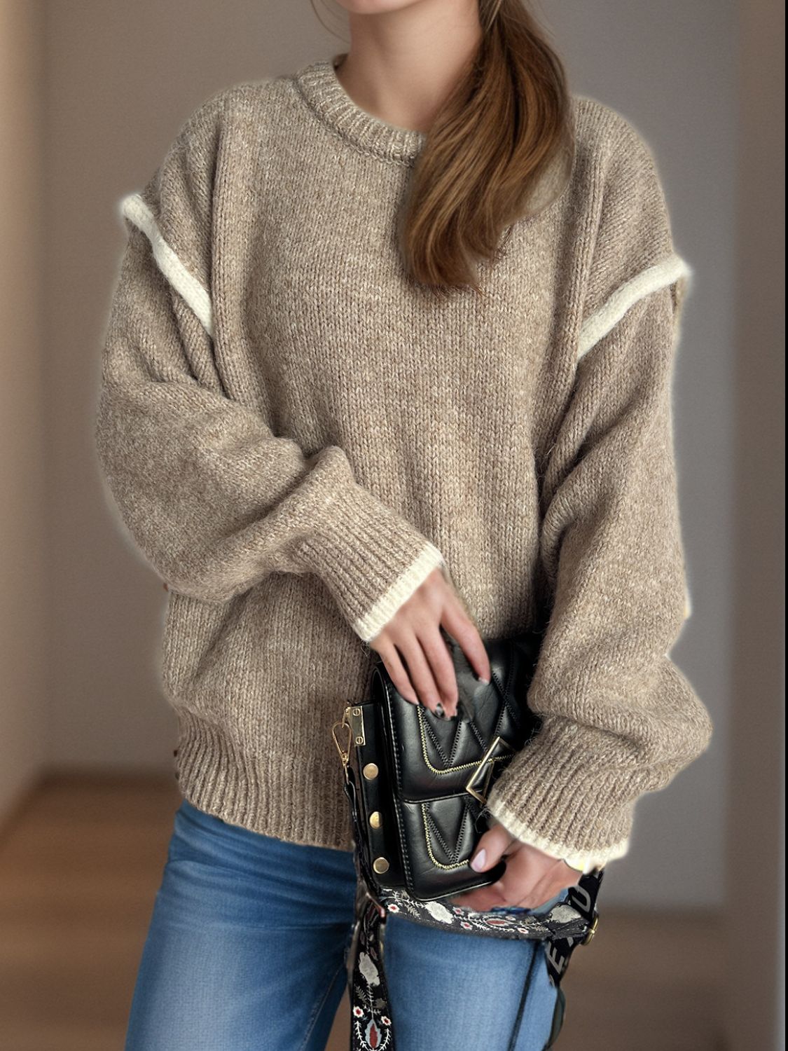 Contrast Trim Round Neck Dropped Shoulder Sweater Trandify Deal