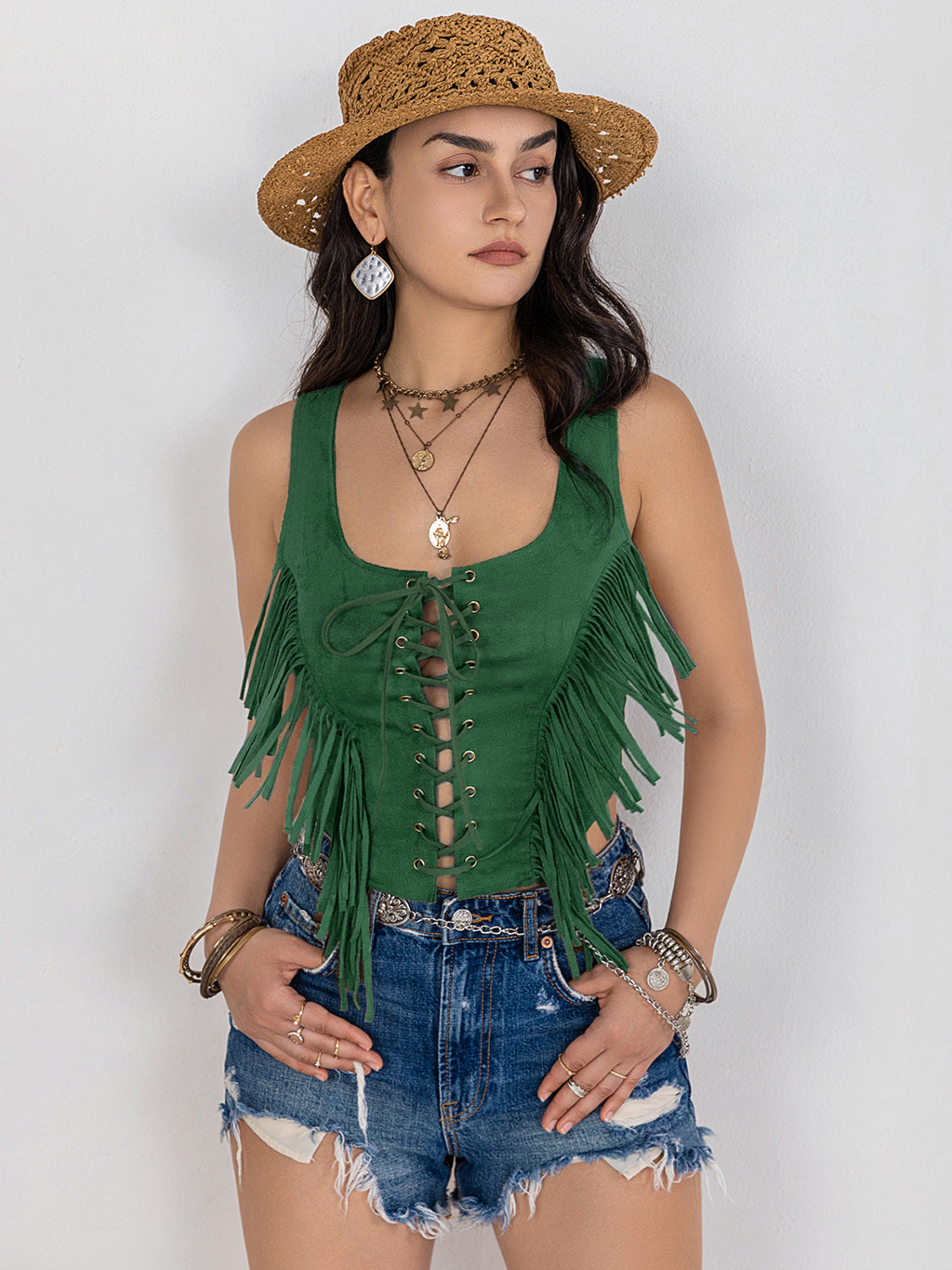 Fringe Lace-Up Wide Strap Tank Trandify Deal