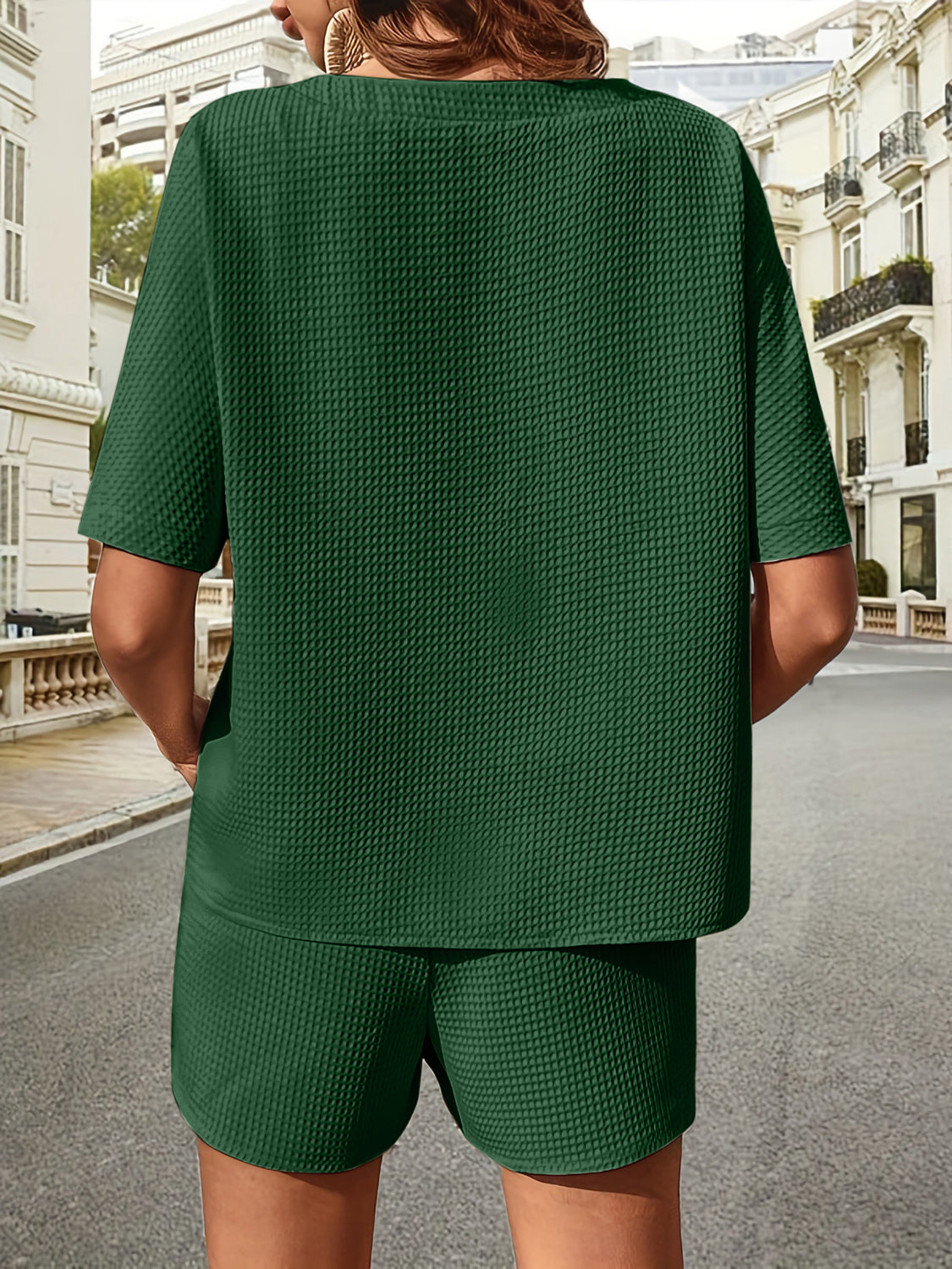 Waffle-Knit Half Sleeve Top and Shorts Set Trandify deal