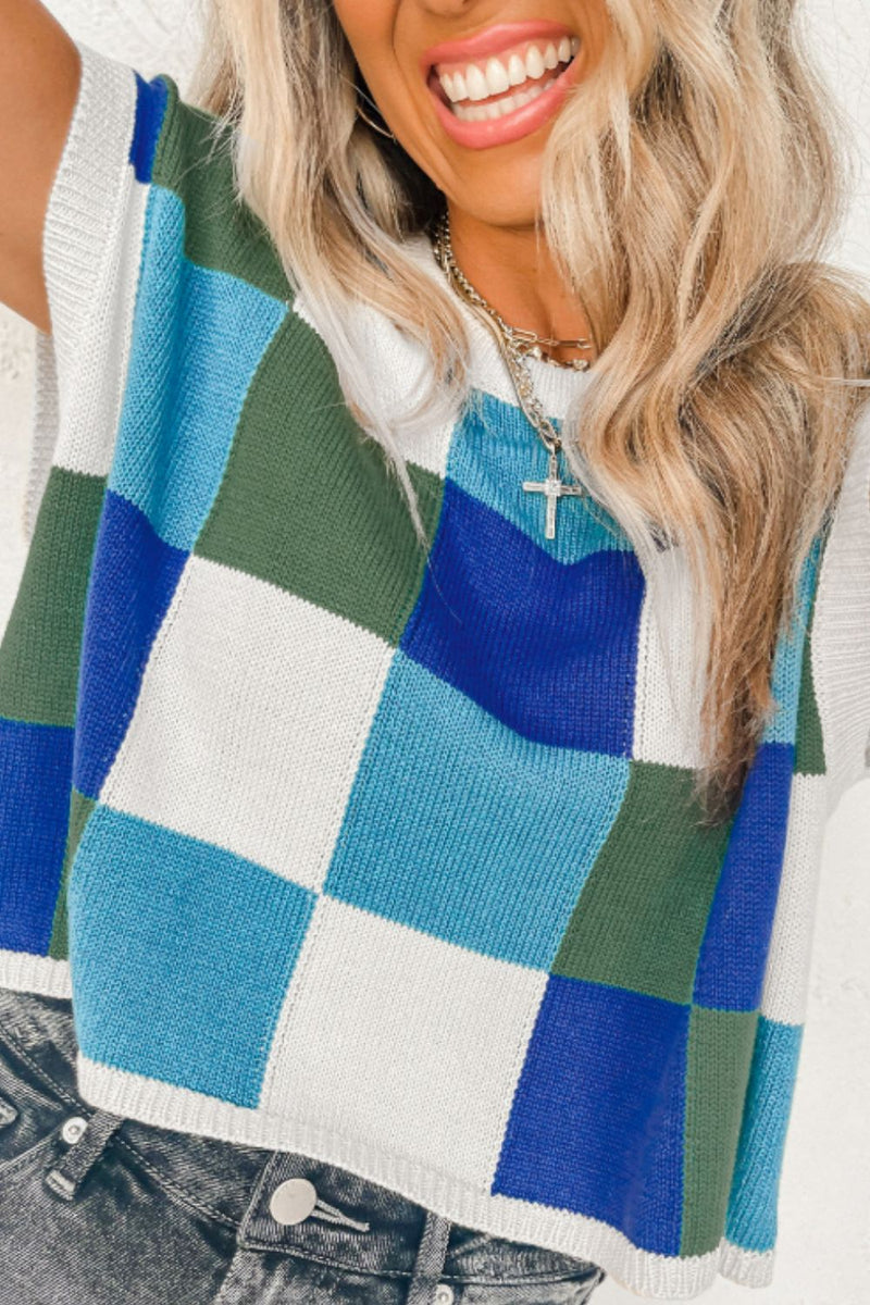 Contrast Plaid Round Neck Cap Sleeve Sweater Trandify Deal