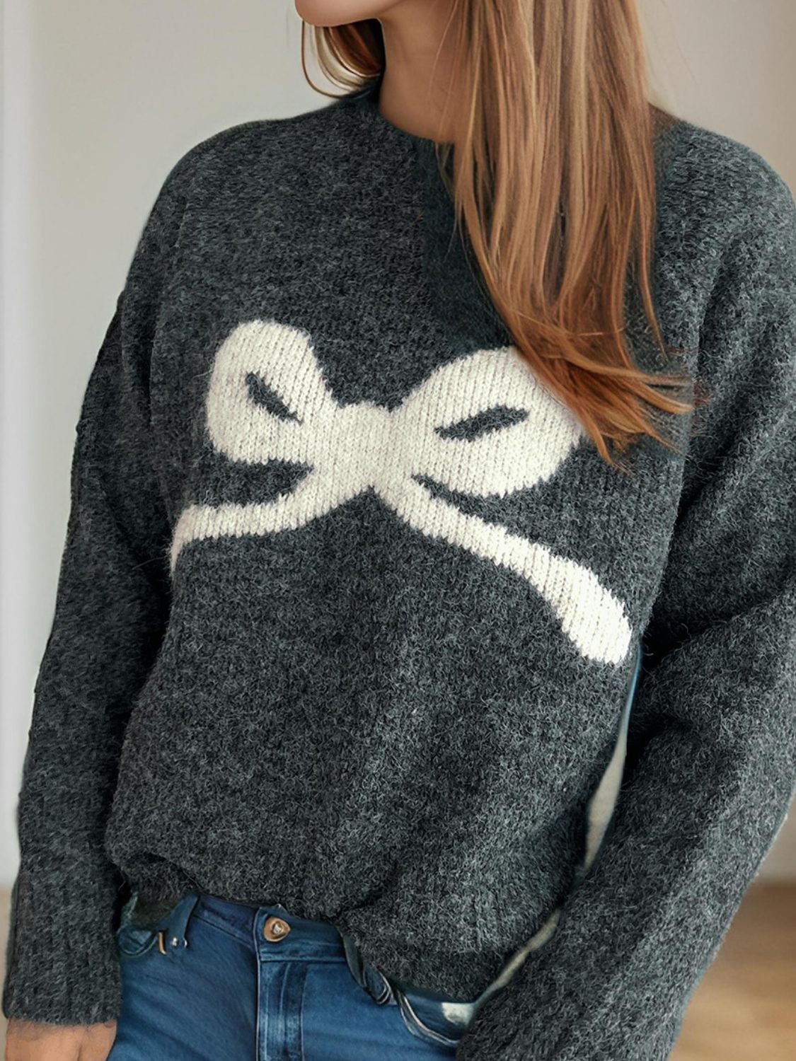 Bow Round Neck Long Sleeve Sweater Trandify Deal