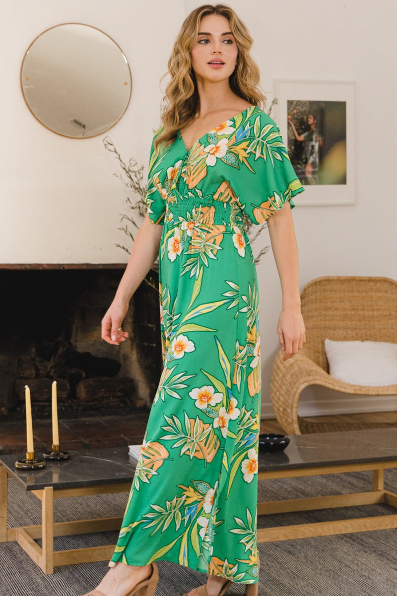 ODDI Full Size Floral Smocked Tied Back Maxi Dress Trandify deal