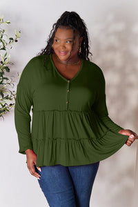 Double Take Half Button Long Sleeve Ruffle Hem Blouse Trandify Deal