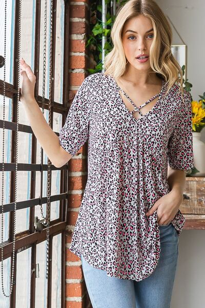 Heimish Plus Size Crisscross Babydoll Top – Women’s Animal Print Short Sleeve Blouse for Summer