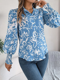 Printed Collared Neck Lantern Sleeve Shirt Trandify deal