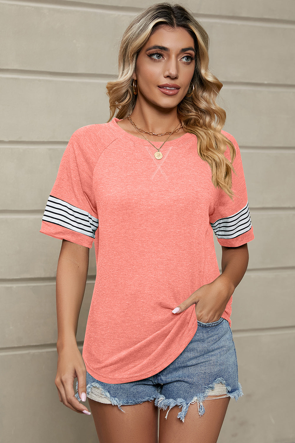 Striped Round Neck Short Sleeve T-Shirt Trandify deal
