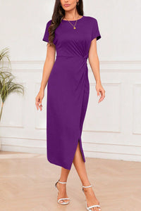 Slit Round Neck Short Sleeve Midi Dress Trandify deal
