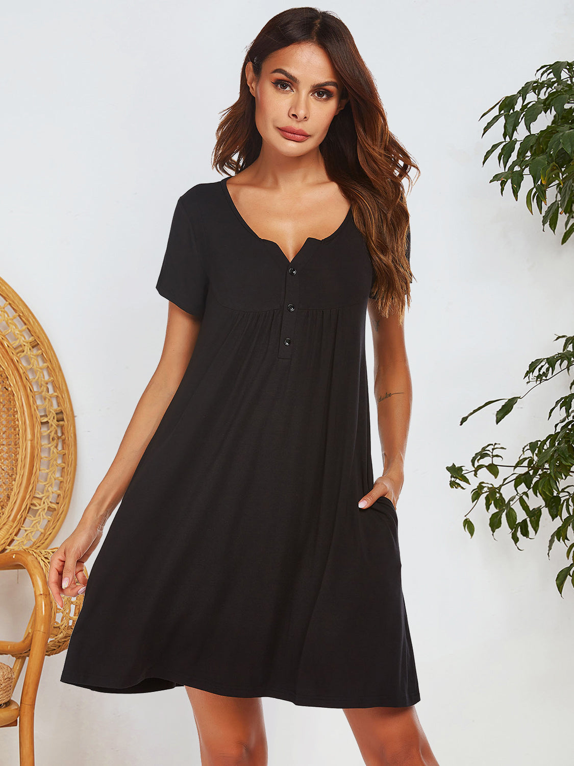 Notched Short Sleeve Mini Lounge Dress Trandify Deal