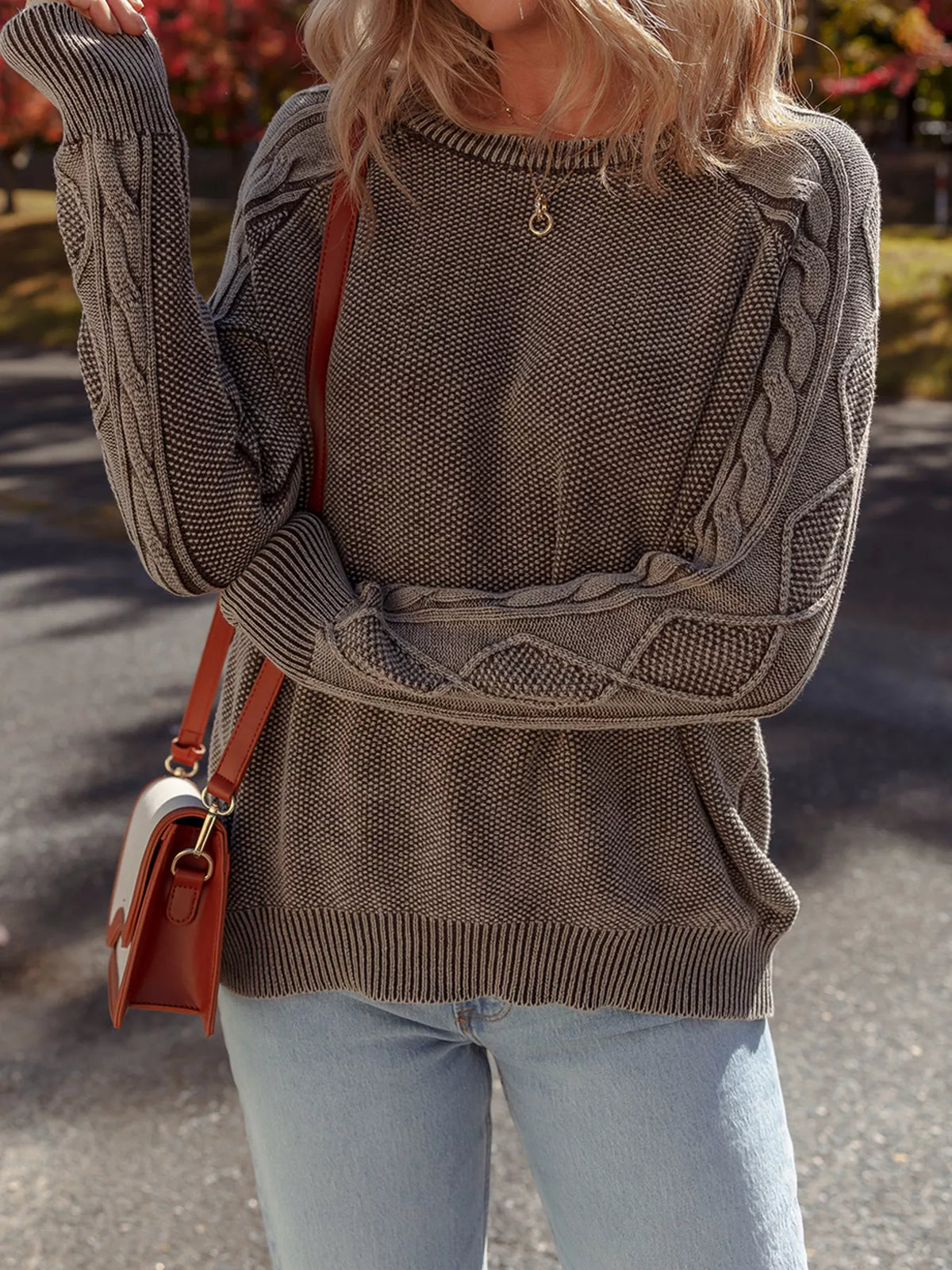Women's beige cable knit cotton sweater casual crewneck pullover