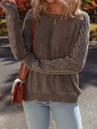 Women's beige cable knit cotton sweater casual crewneck pullover