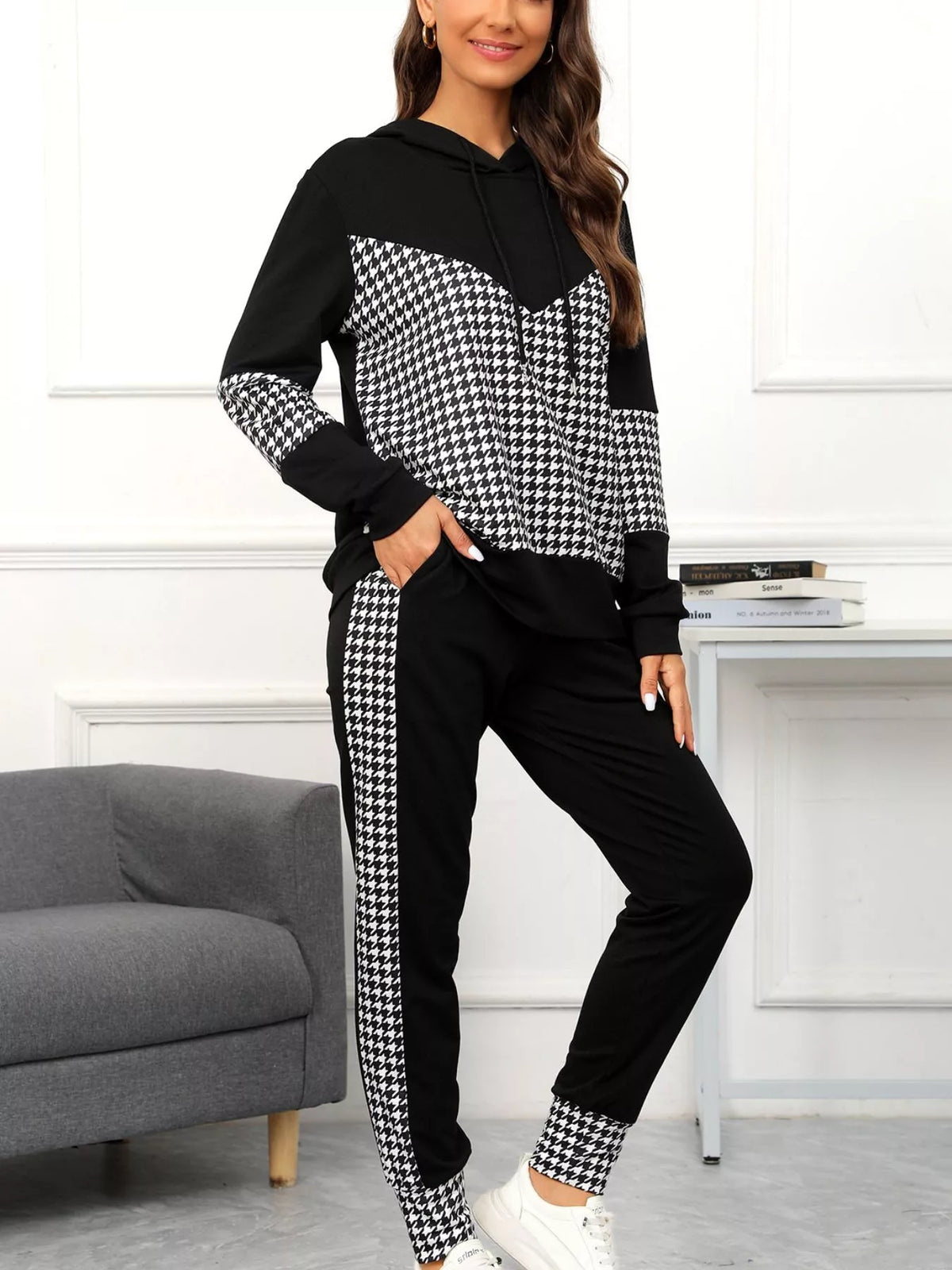 Houndstooth Hoodie & Jogger Set - Women's Outfit