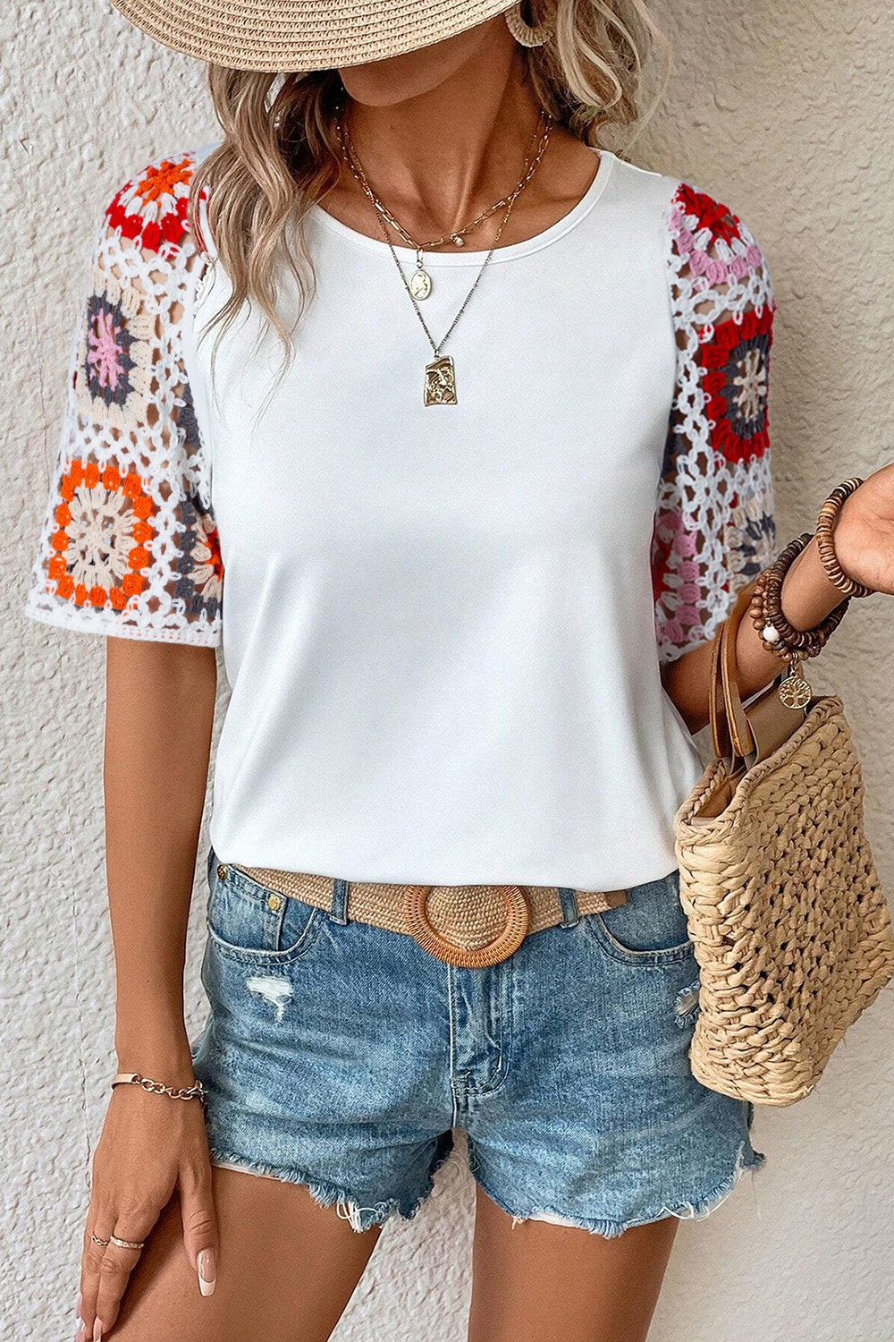 Geometric Round Neck Short Sleeve Blouse - Trandify Deal