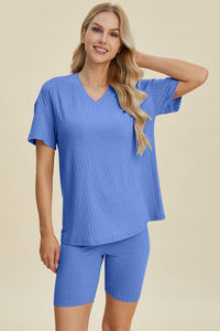 Basic Bae Full Size Ribbed V-Neck Short Sleeve Top and Shorts Set Trandify deal