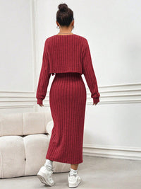 Ribbed Long Sleeve Cropped Cardigan and Slit Cami Dress Set Trandify Deal