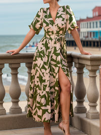 Tied Slit Printed Half Sleeve Midi Dress Trandify Deal