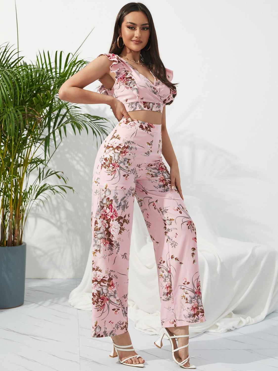 Printed Surplice Cap Sleeve Top and Pants Set Trandify deal