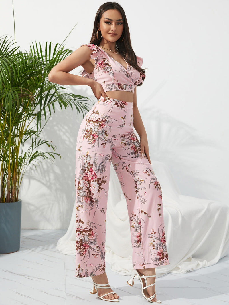 Printed Surplice Cap Sleeve Top and Pants Set Trandify deal