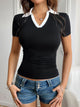 Women's Contrast Trim Johnny Collar Viscose T-Shirt in Black