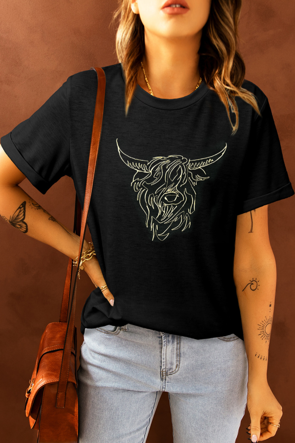 Bull Head Embroidered Round Neck T-Shirt – Trendy Streetwear by TrandifyDeal