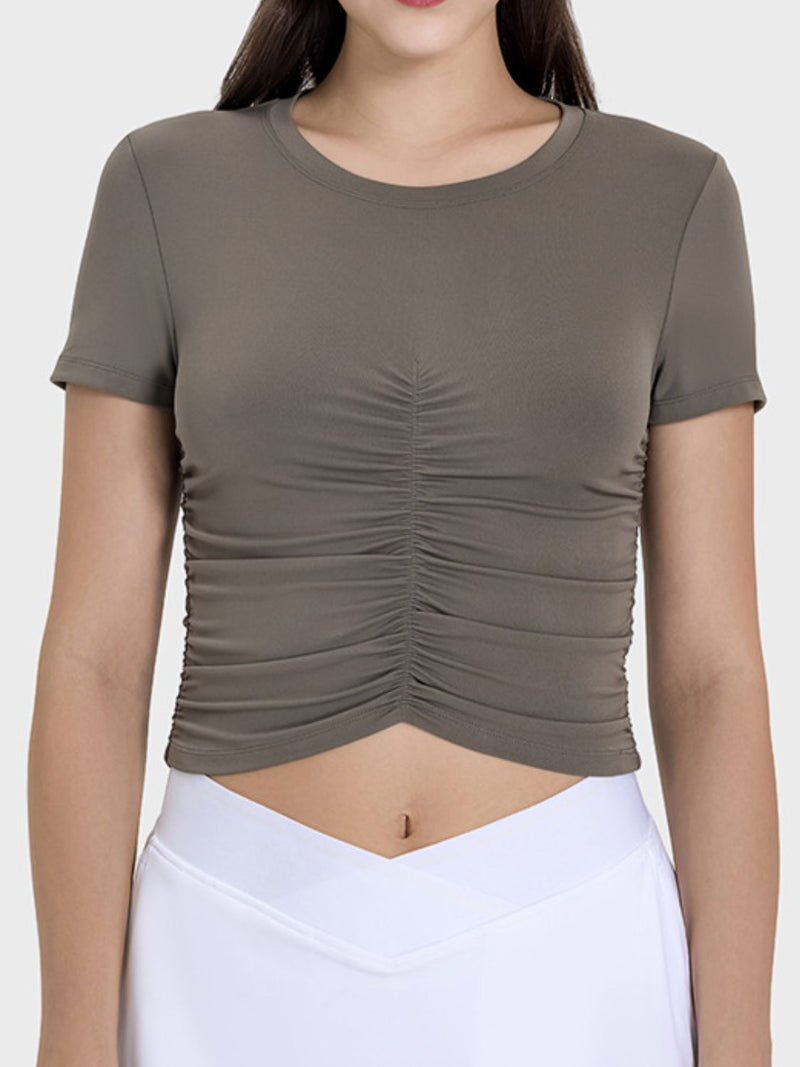 Millennia Ruched Round Neck Short Sleeve Active T-Shirt Trandify deal
