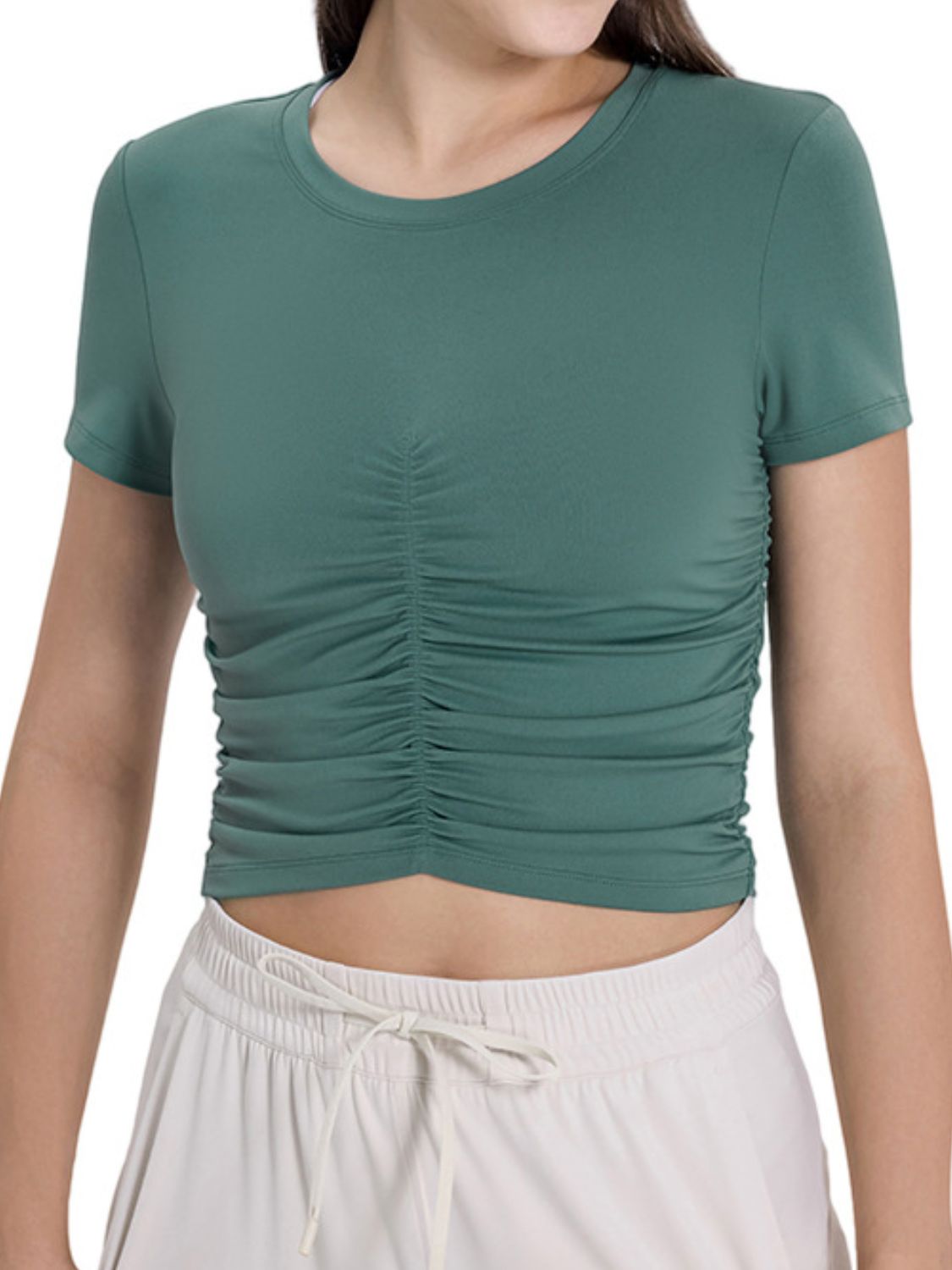 Millennia Ruched Round Neck Short Sleeve Active T-Shirt Trandify deal