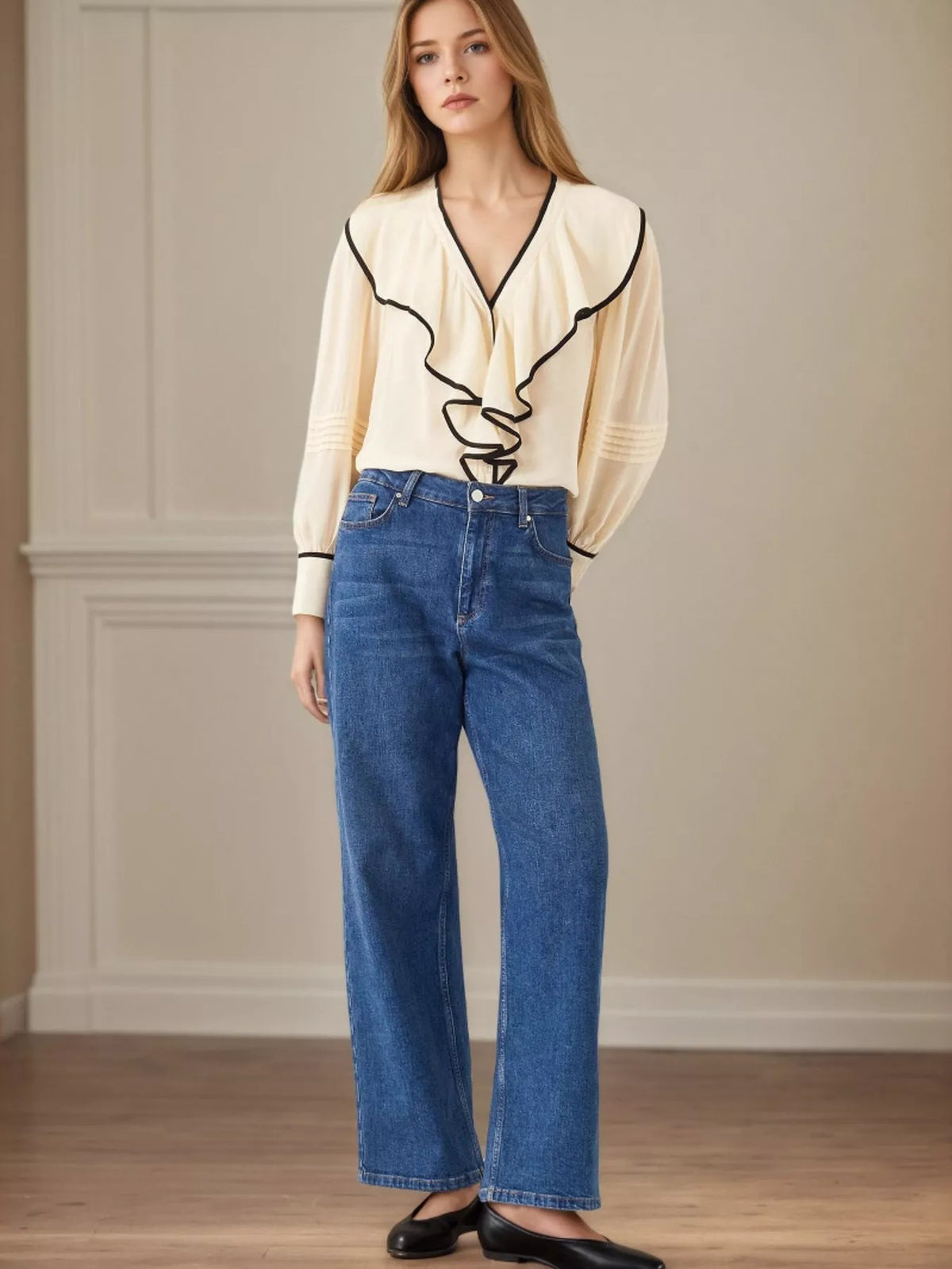 Women's ruffled long sleeve blouse in [Cream] - rayon boho top for casual wear.