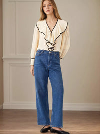 Women's ruffled long sleeve blouse in [Cream] - rayon boho top for casual wear.