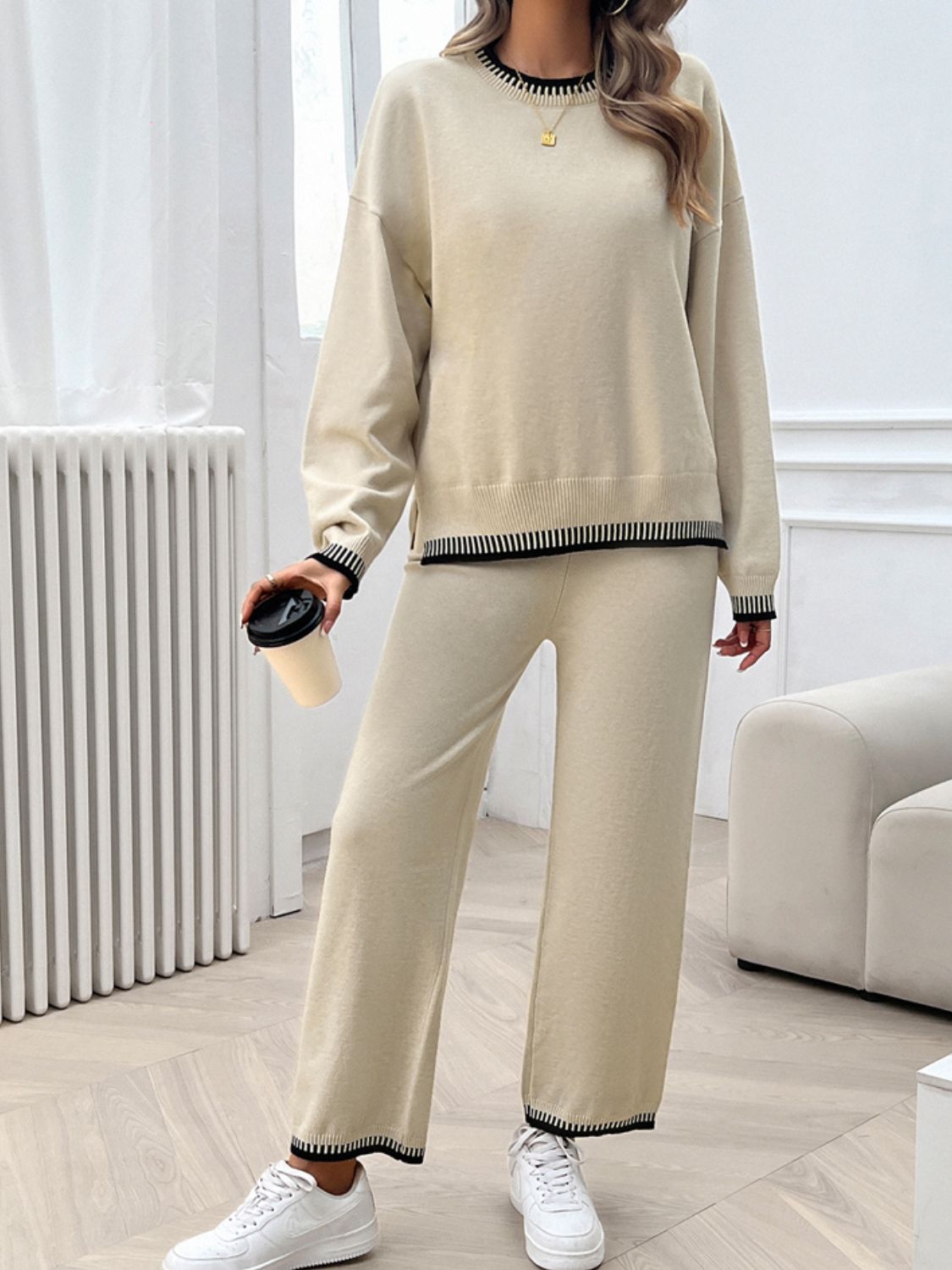 Devine Round Neck Dropped Shoulder Top and Pants Sweater Set Trandify Deal