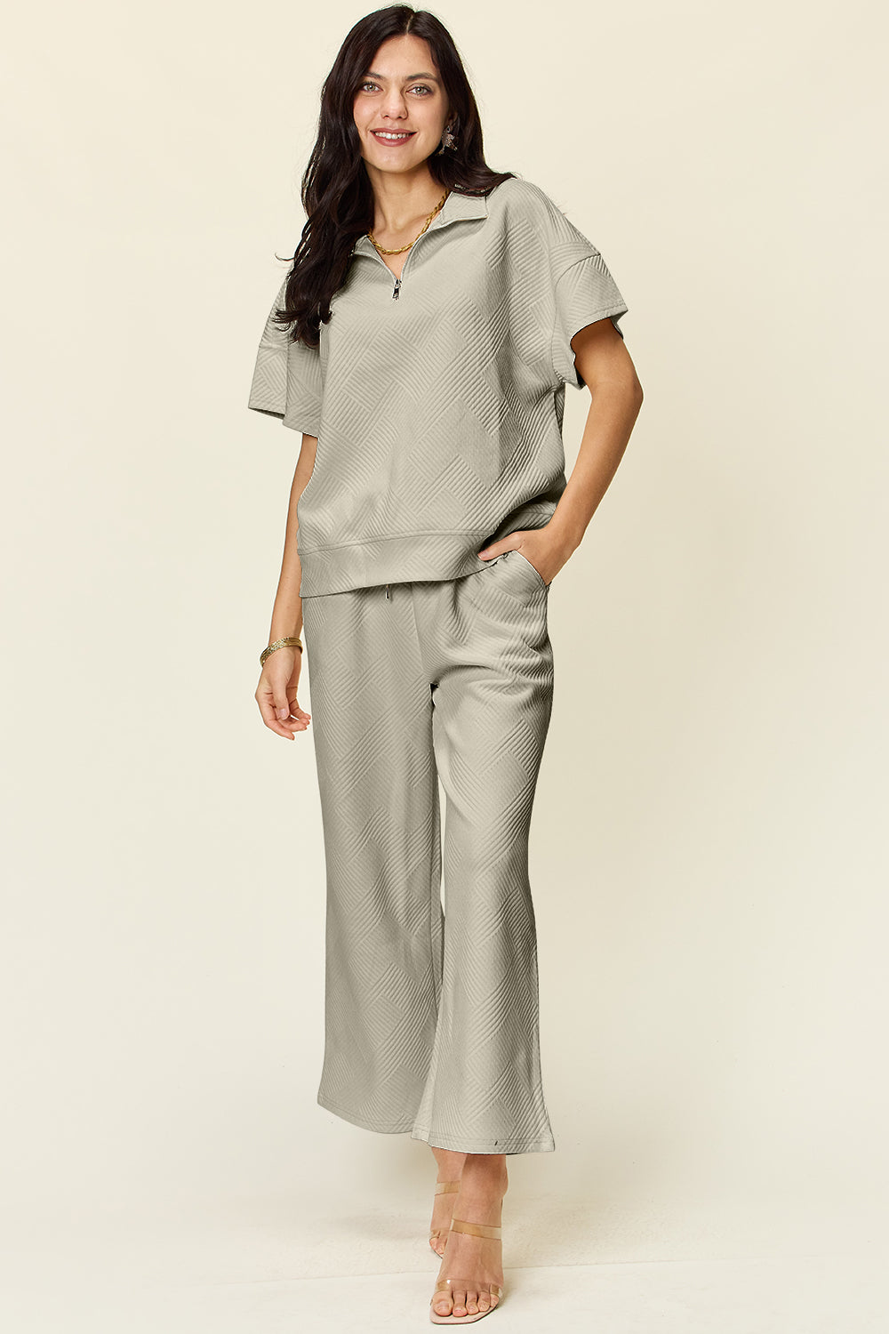 Double Take Full Size Texture Half Zip Short Sleeve Top and Pants Set - Trandify Deal