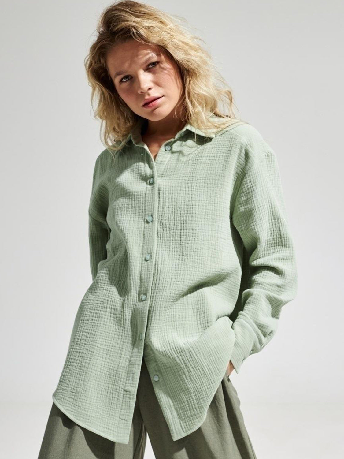 Textured Collared Neck Long Sleeve Shirt Trandify deal