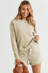 Double Take Full Size Texture Long Sleeve Top and Drawstring Shorts Set Trandify Deal