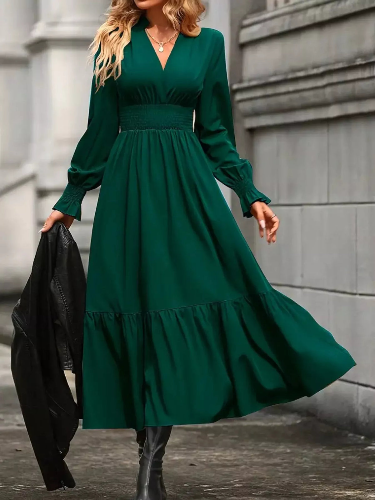 Ruched Midi Dress Long Sleeve Tiered Bodycon - Regular & Plus Size