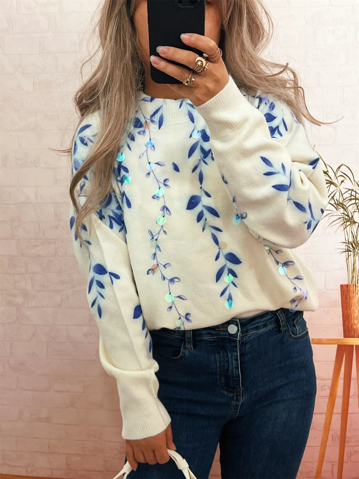 Women's Sequin Crewneck Sweater - Long Sleeve Party Wear