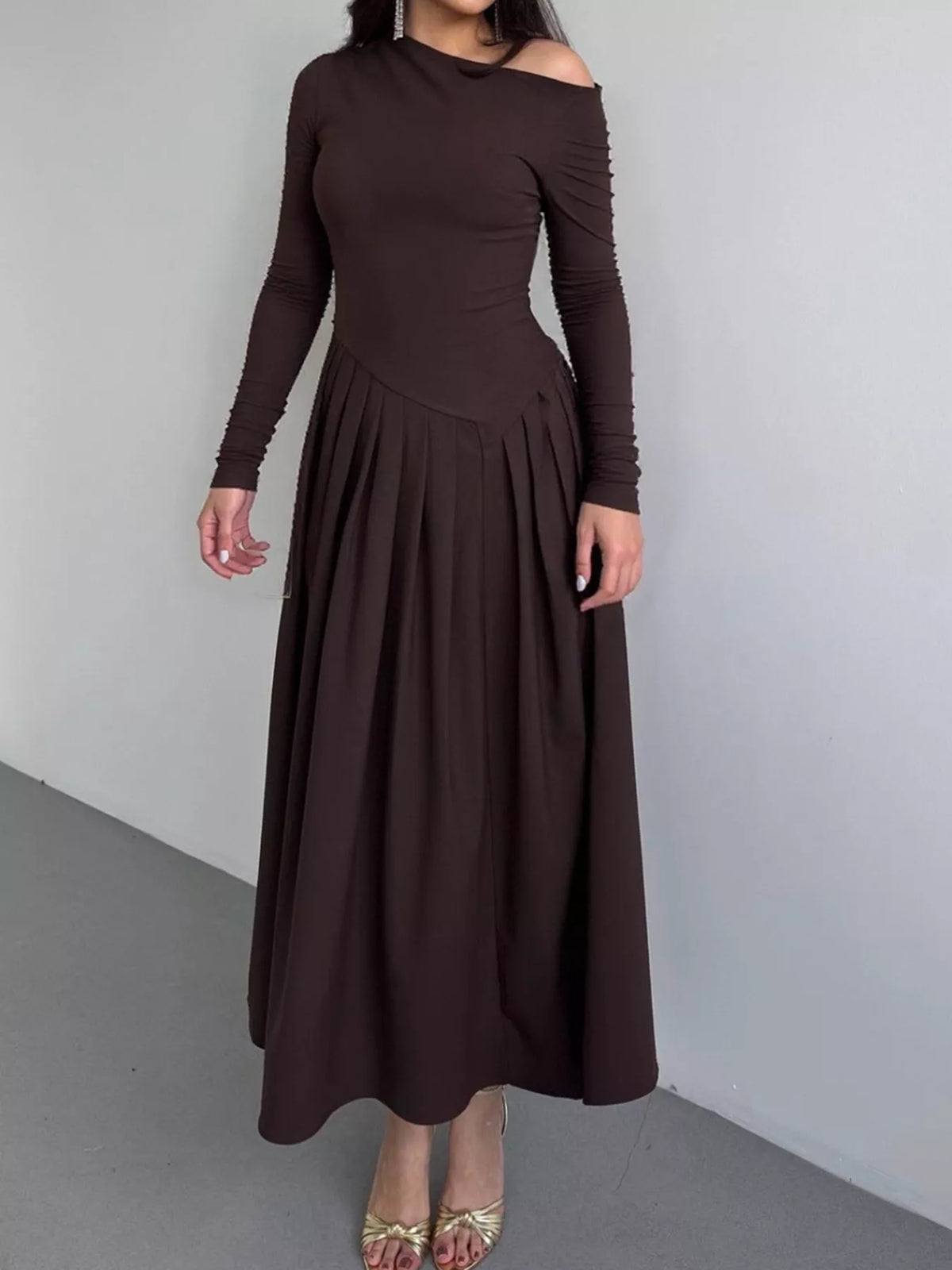 Ruched One Shoulder Bodycon Dress in Brown
