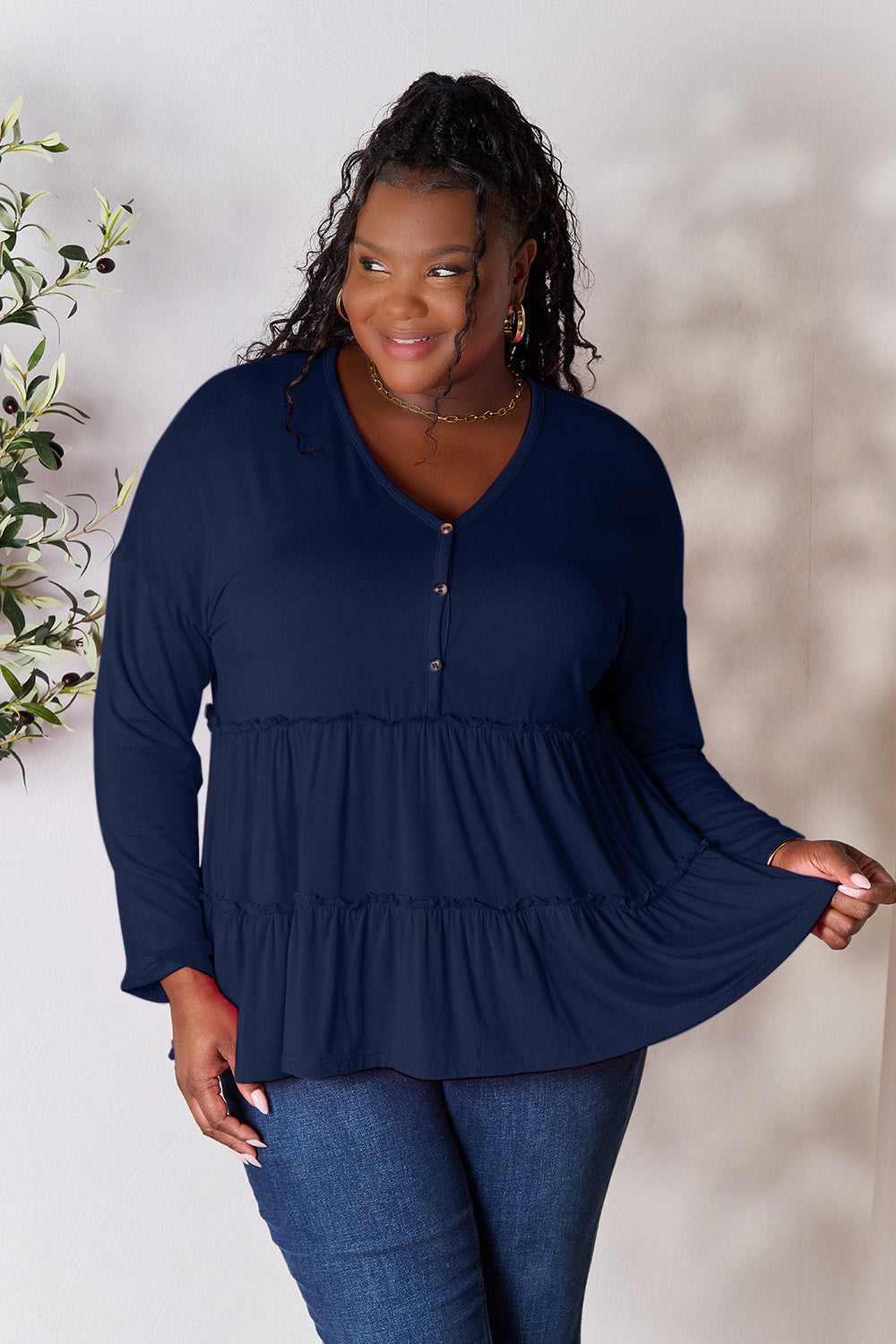 Double Take Half Button Long Sleeve Ruffle Hem Blouse Trandify Deal