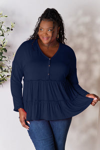 Double Take Half Button Long Sleeve Ruffle Hem Blouse Trandify Deal