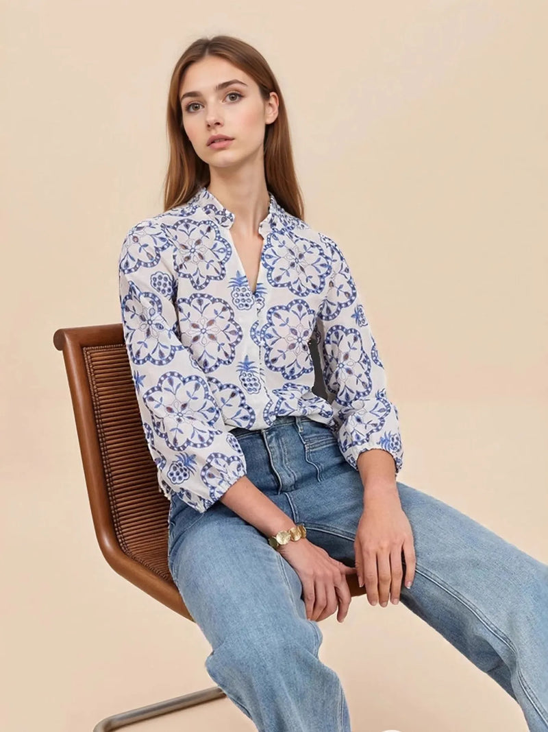Boho chic eyelet embroidered long sleeve shirt for women – lace blouse casual outfit